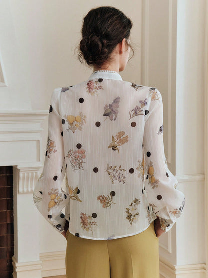 Anewsta Elegant Summer White Blouse With Exquisite Pearl Floral Decor, Mandarin Collar, Polka Dot Print, Long Sleeve