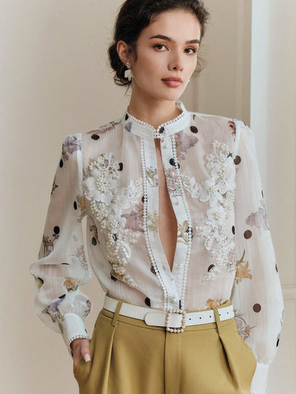 Anewsta Elegant Summer White Blouse With Exquisite Pearl Floral Decor, Mandarin Collar, Polka Dot Print, Long Sleeve