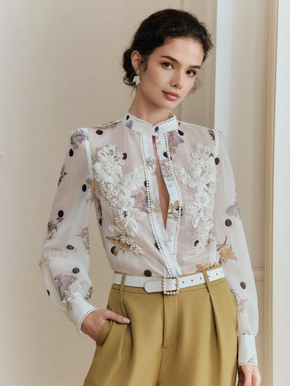 Anewsta Elegant Summer White Blouse With Exquisite Pearl Floral Decor, Mandarin Collar, Polka Dot Print, Long Sleeve