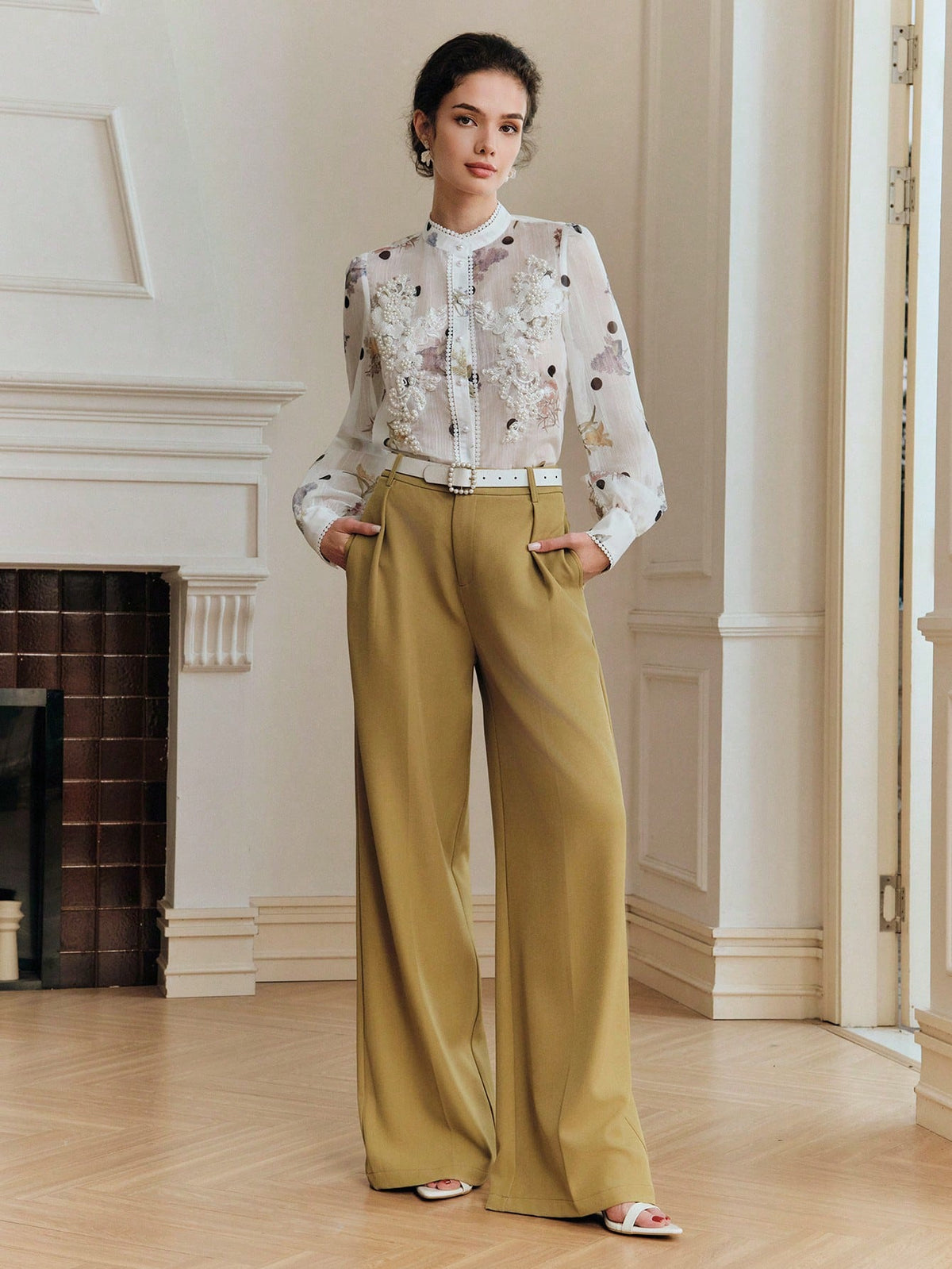 Anewsta Elegant Summer White Blouse With Exquisite Pearl Floral Decor, Mandarin Collar, Polka Dot Print, Long Sleeve