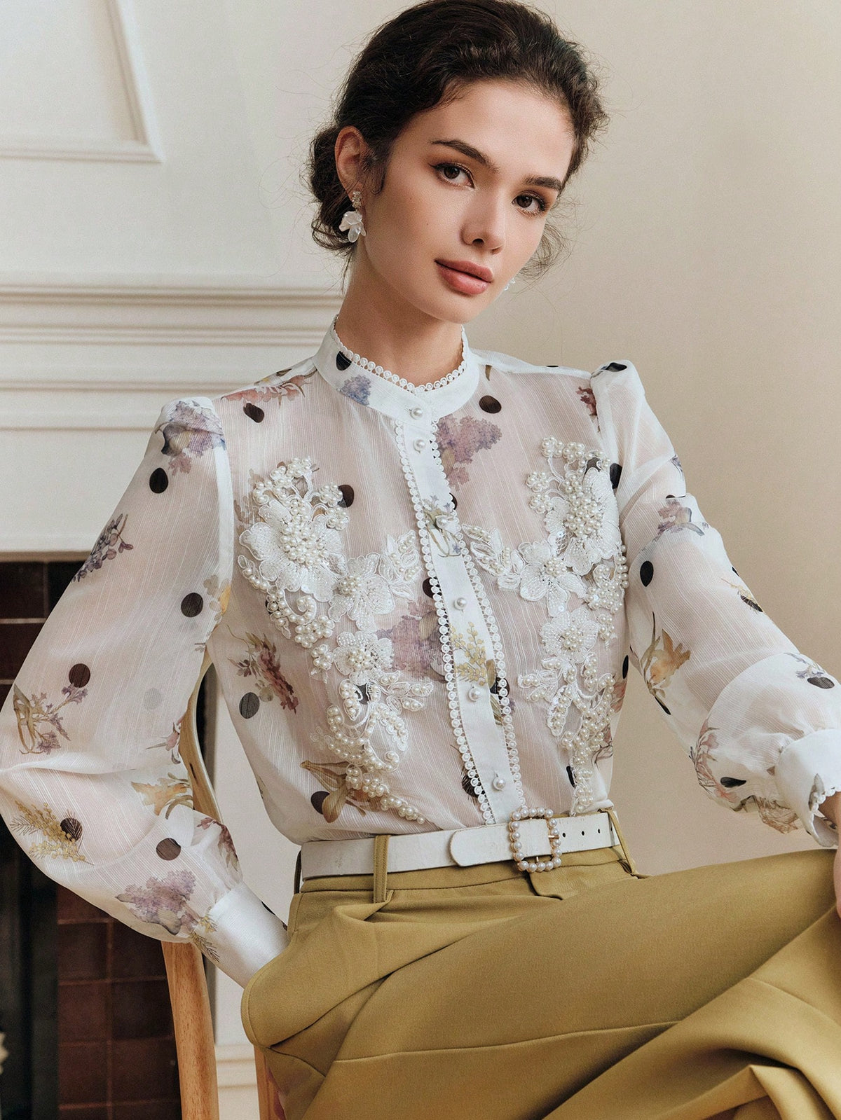 Anewsta Elegant Summer White Blouse With Exquisite Pearl Floral Decor, Mandarin Collar, Polka Dot Print, Long Sleeve