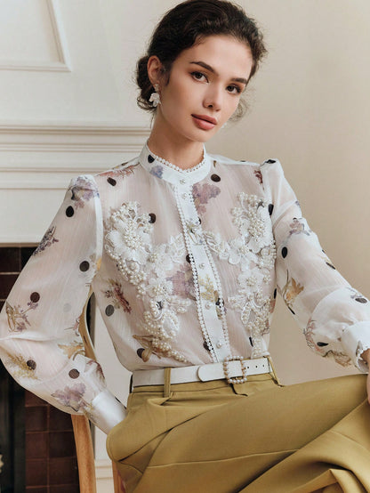 Anewsta Elegant Summer White Blouse With Exquisite Pearl Floral Decor, Mandarin Collar, Polka Dot Print, Long Sleeve