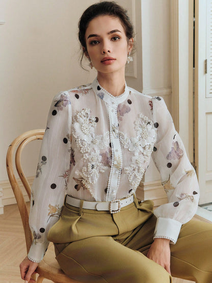 Anewsta Elegant Summer White Blouse With Exquisite Pearl Floral Decor, Mandarin Collar, Polka Dot Print, Long Sleeve