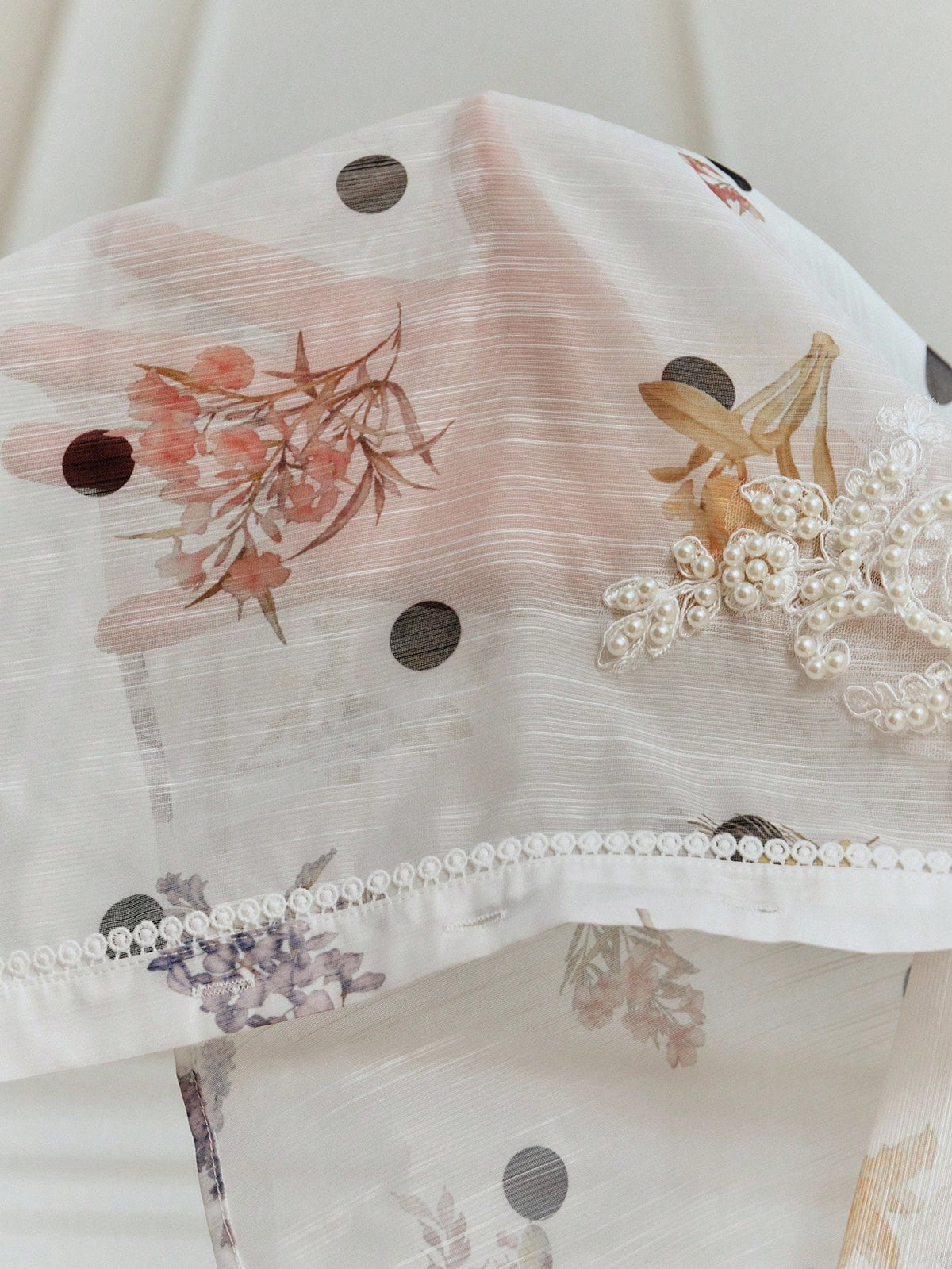 Anewsta Elegant Summer White Blouse With Exquisite Pearl Floral Decor, Mandarin Collar, Polka Dot Print, Long Sleeve