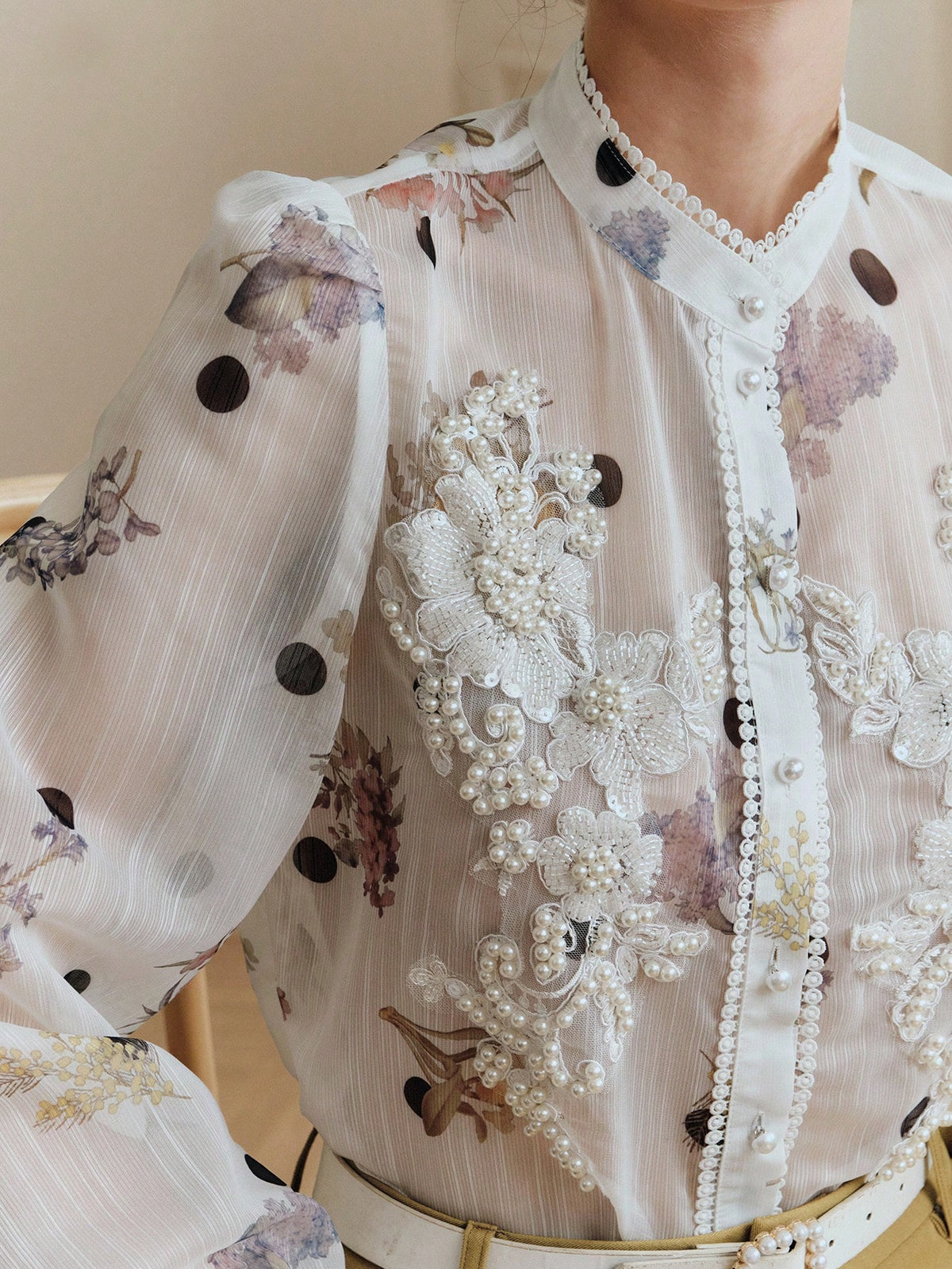 Anewsta Elegant Summer White Blouse With Exquisite Pearl Floral Decor, Mandarin Collar, Polka Dot Print, Long Sleeve