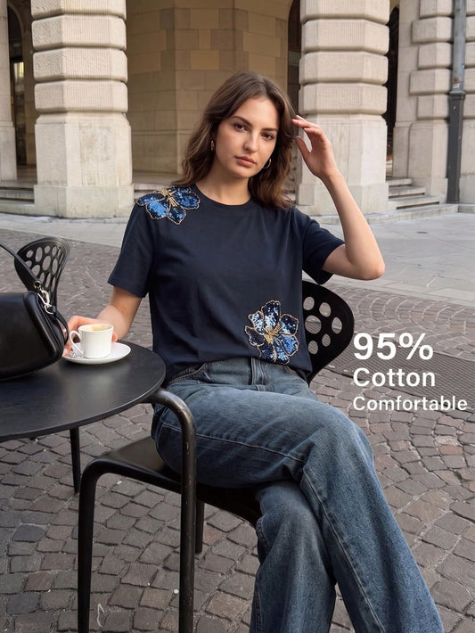 Anewsta Spring/Summer Women's Elegant Casual Navy Blue Floral 95 Cotton Short Sleeve Round Neck Fitted T-Shirt, Versatile For Daily Wear Everyday