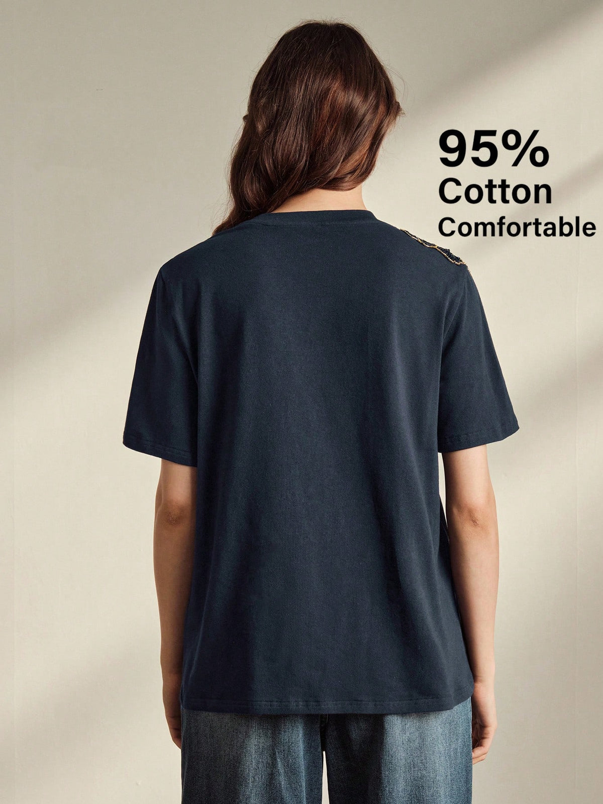 Anewsta Spring/Summer Women's Elegant Casual Navy Blue Floral 95 Cotton Short Sleeve Round Neck Fitted T-Shirt, Versatile For Daily Wear Everyday