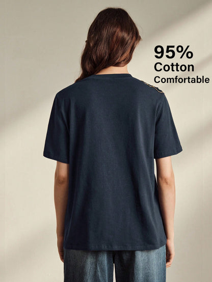 Anewsta Spring/Summer Women's Elegant Casual Navy Blue Floral 95 Cotton Short Sleeve Round Neck Fitted T-Shirt, Versatile For Daily Wear Everyday