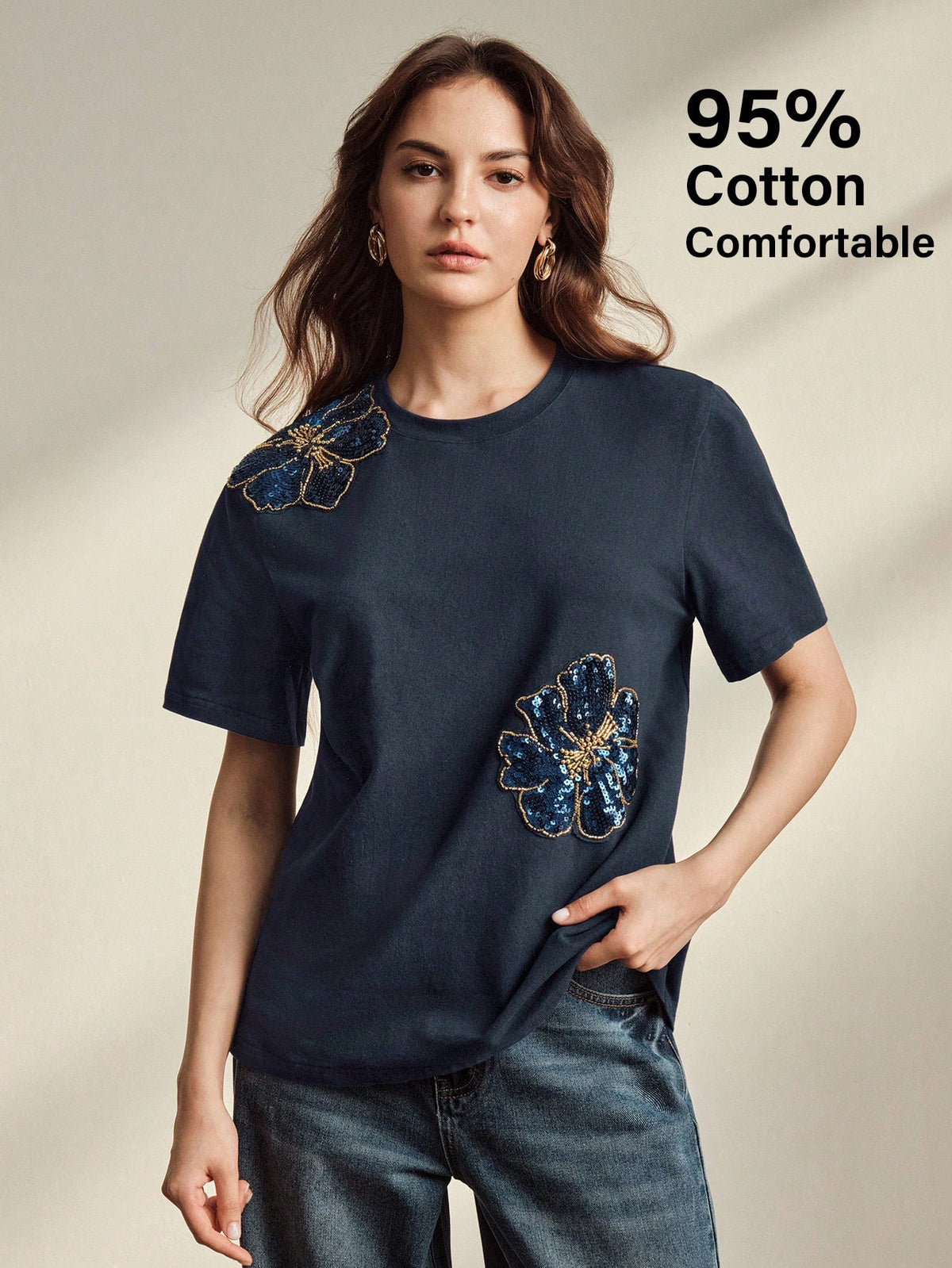 Anewsta Spring/Summer Women's Elegant Casual Navy Blue Floral 95 Cotton Short Sleeve Round Neck Fitted T-Shirt, Versatile For Daily Wear Everyday