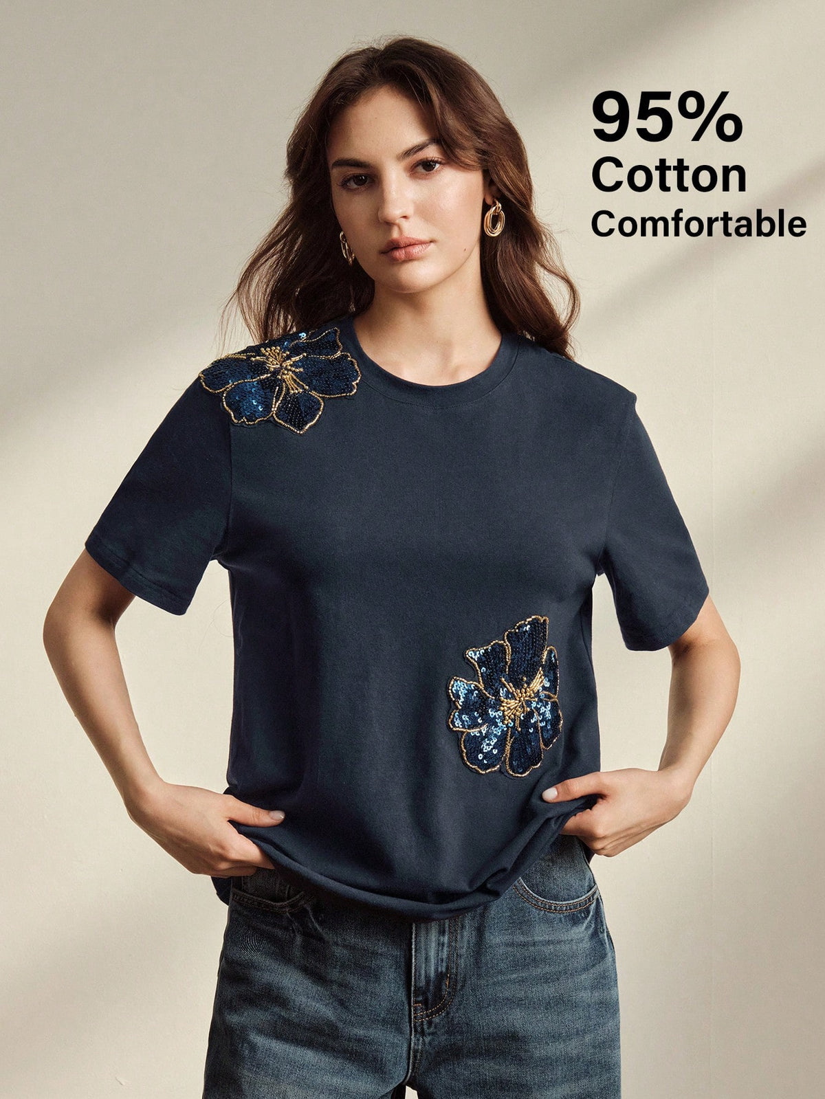 Anewsta Spring/Summer Women's Elegant Casual Navy Blue Floral 95 Cotton Short Sleeve Round Neck Fitted T-Shirt, Versatile For Daily Wear Everyday