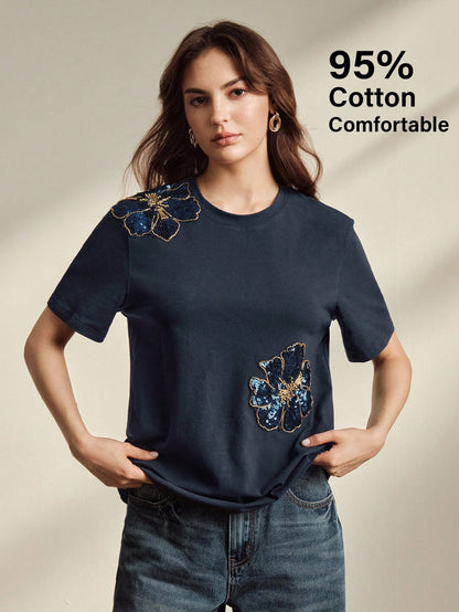 Anewsta Spring/Summer Women's Elegant Casual Navy Blue Floral 95 Cotton Short Sleeve Round Neck Fitted T-Shirt, Versatile For Daily Wear Everyday