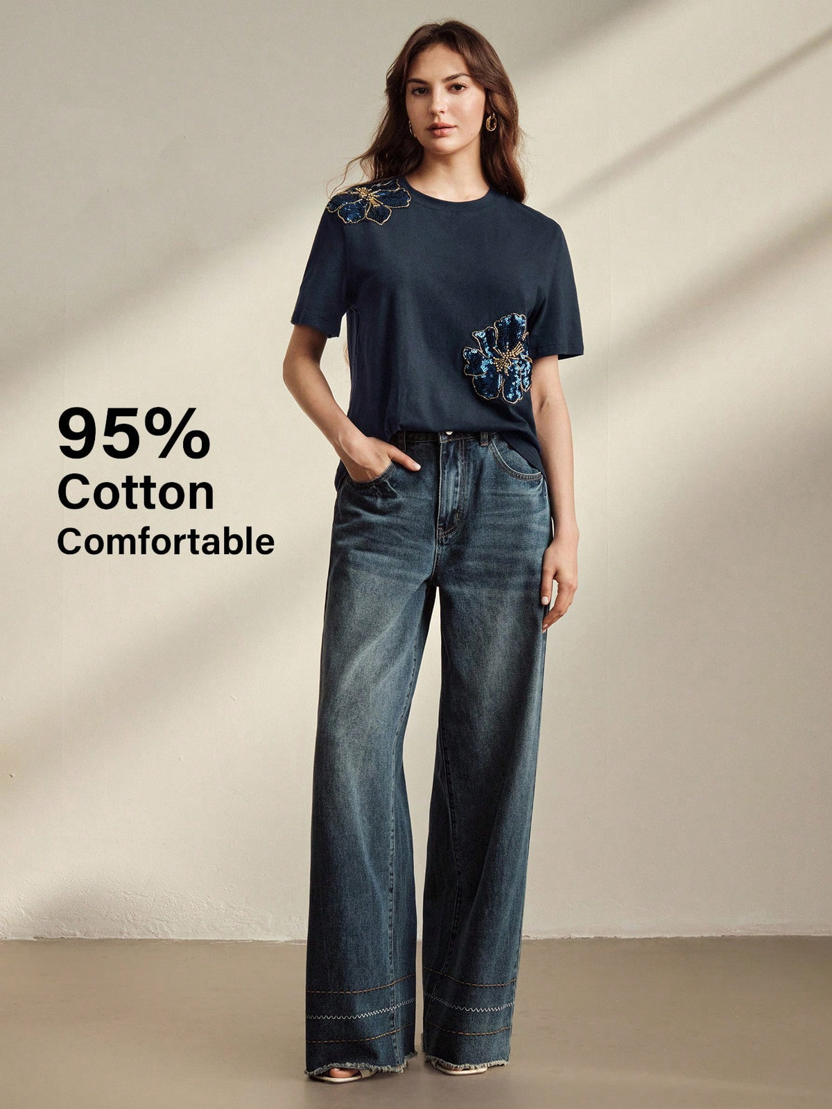 Anewsta Spring/Summer Women's Elegant Casual Navy Blue Floral 95 Cotton Short Sleeve Round Neck Fitted T-Shirt, Versatile For Daily Wear Everyday