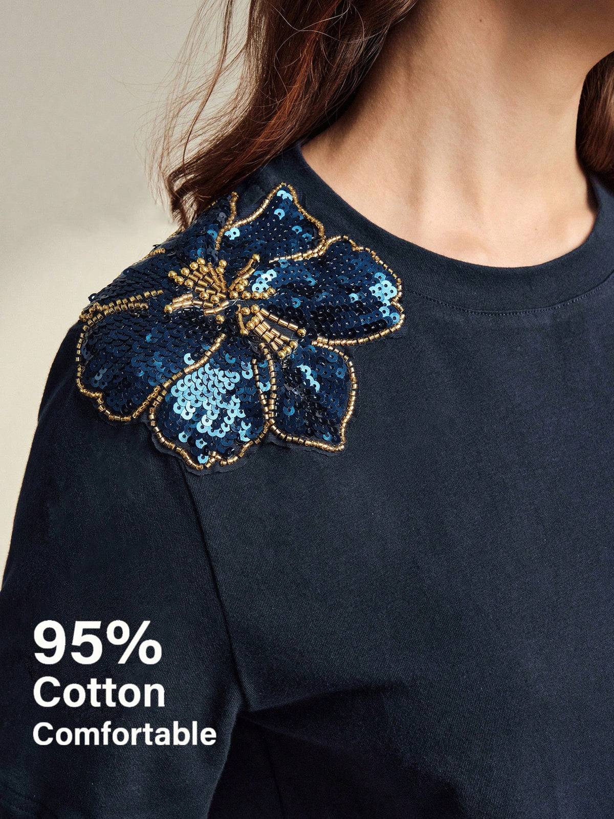 Anewsta Spring/Summer Women's Elegant Casual Navy Blue Floral 95 Cotton Short Sleeve Round Neck Fitted T-Shirt, Versatile For Daily Wear Everyday