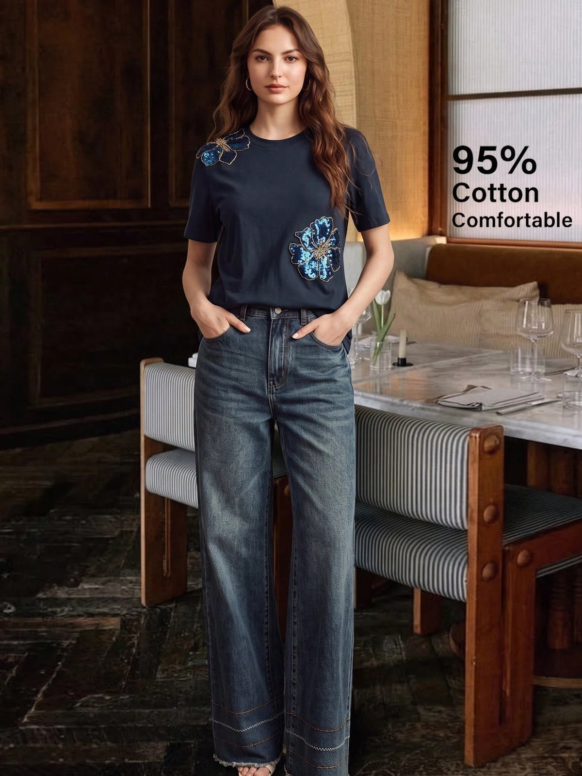 Anewsta Spring/Summer Women's Elegant Casual Navy Blue Floral 95 Cotton Short Sleeve Round Neck Fitted T-Shirt, Versatile For Daily Wear Everyday