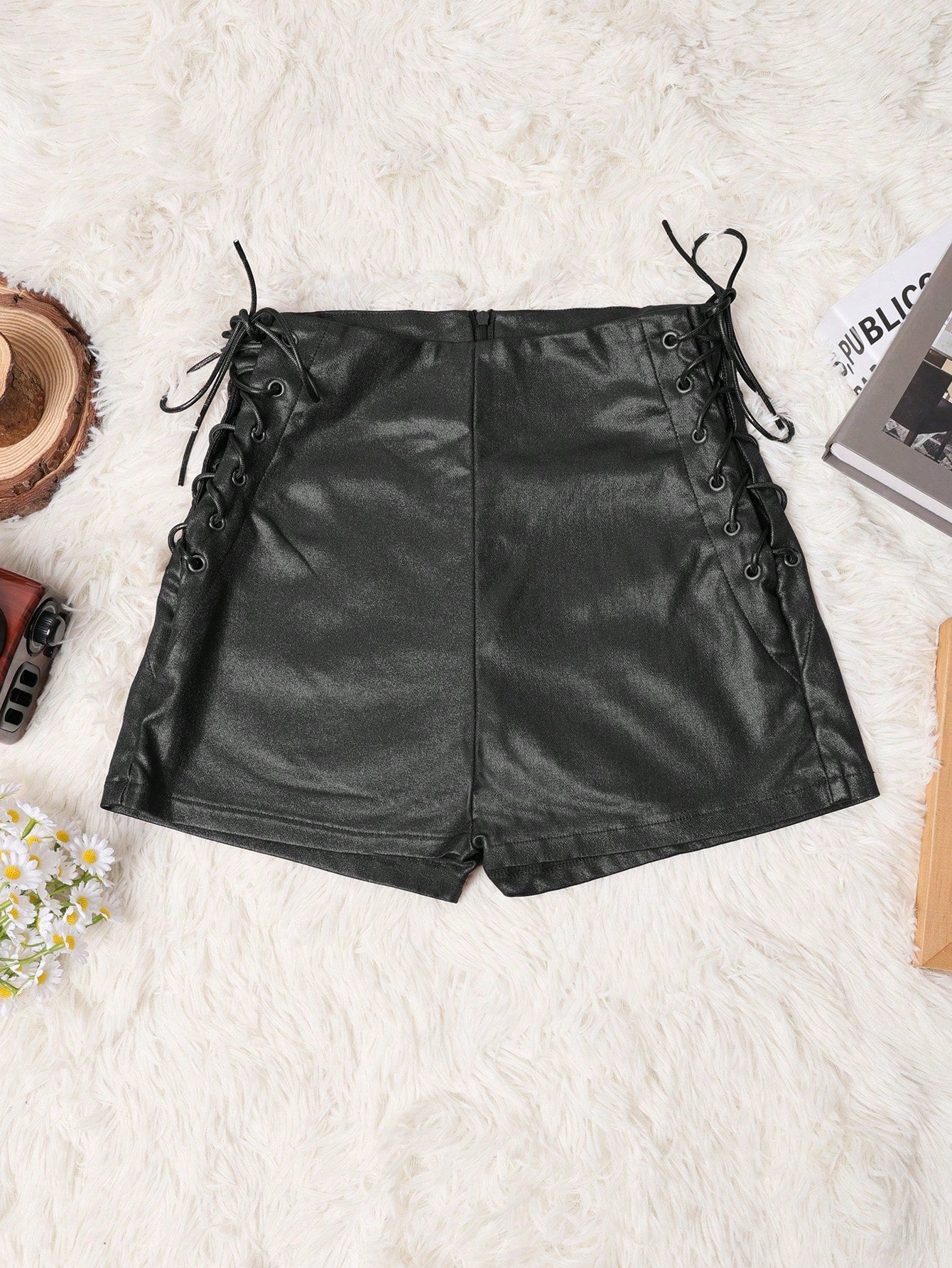 Apperloth A Rave Lace-Up Side PU Leather Tight Shorts, Suitable For Punk Party, Music Festival And Other Occasions Black