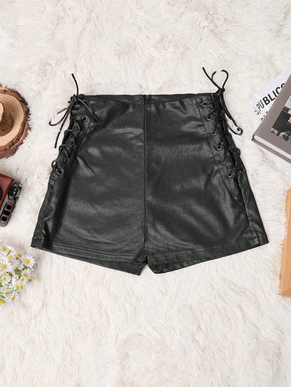 Apperloth A Rave Lace-Up Side PU Leather Tight Shorts, Suitable For Punk Party, Music Festival And Other Occasions Black