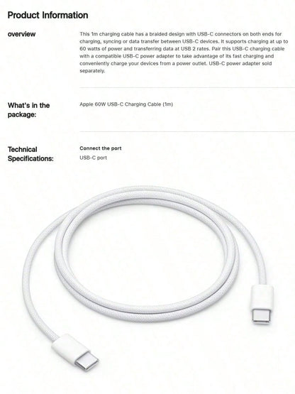 Apple USB-C Braided Charging Cable (1 Meter/2 Meter) Apple Genuine Charging Cable Apple Phone Original Charging Cable