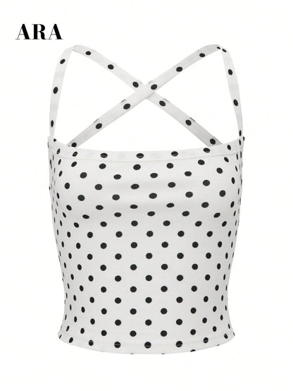 ARA CHIC Women's White With Black Dots Sexy Cross-Strap Slim Fit Tank Top, Sporty Casual Fashionable Versatile Top, Beach Vacation New Spring 2026