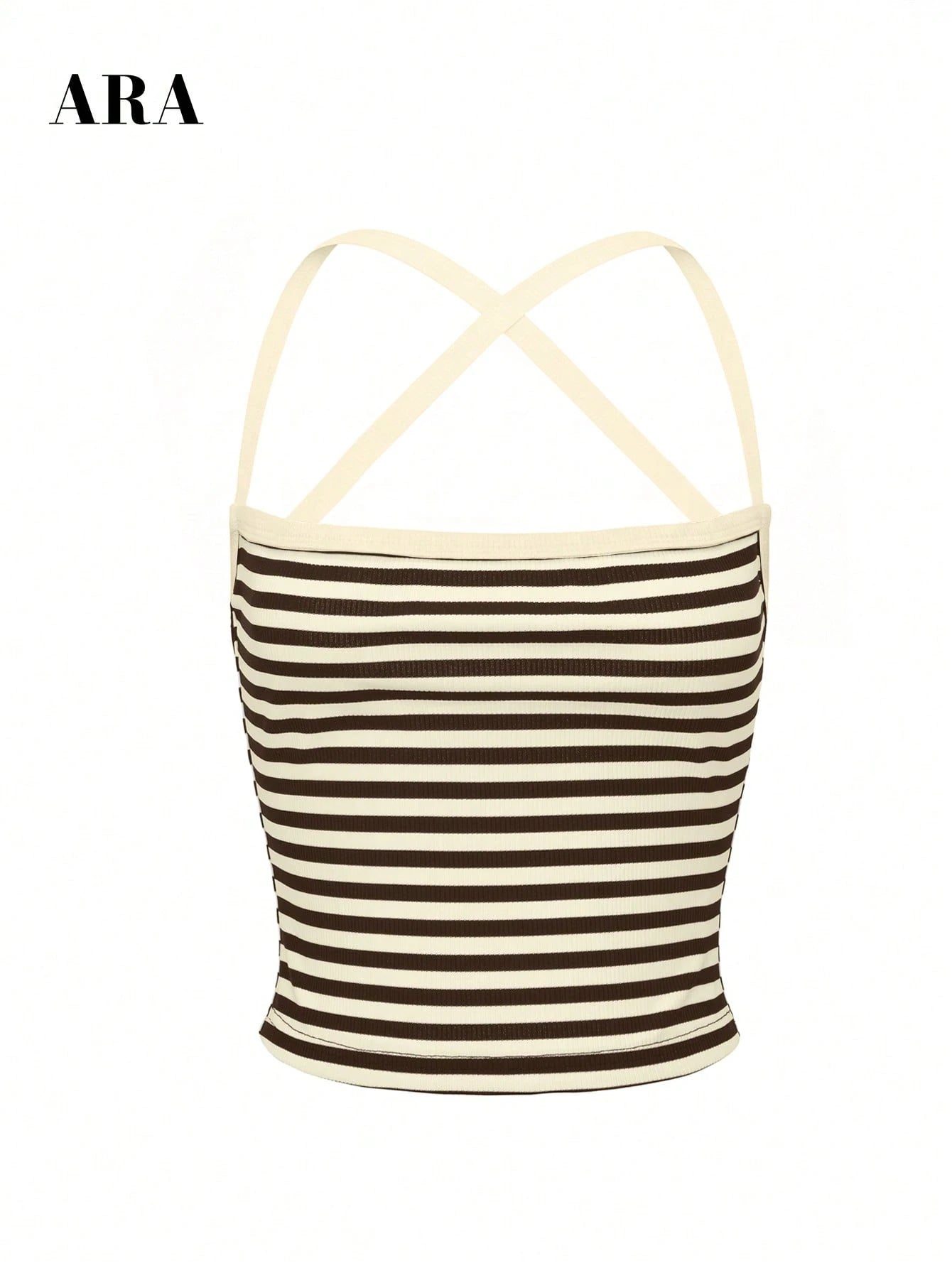 ARA Women's Brown And White Striped Sexy Cross-Strap Camisole High-Elasticity Slim Fit Vest, Sporty Casual Fashionable Versatile Top, Beach Vacation