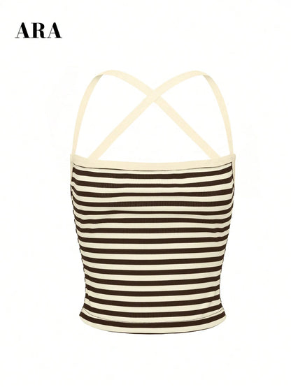 ARA Women's Brown And White Striped Sexy Cross-Strap Camisole High-Elasticity Slim Fit Vest, Sporty Casual Fashionable Versatile Top, Beach Vacation