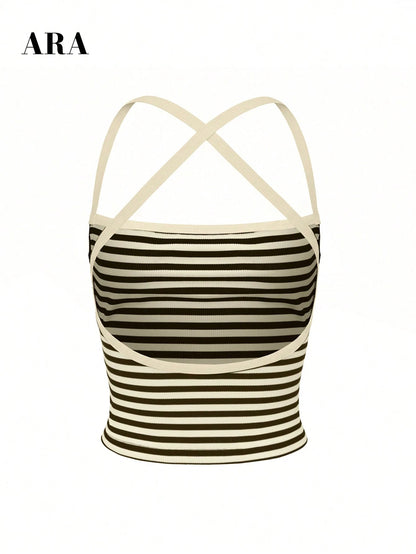 ARA Women's Brown And White Striped Sexy Cross-Strap Camisole High-Elasticity Slim Fit Vest, Sporty Casual Fashionable Versatile Top, Beach Vacation
