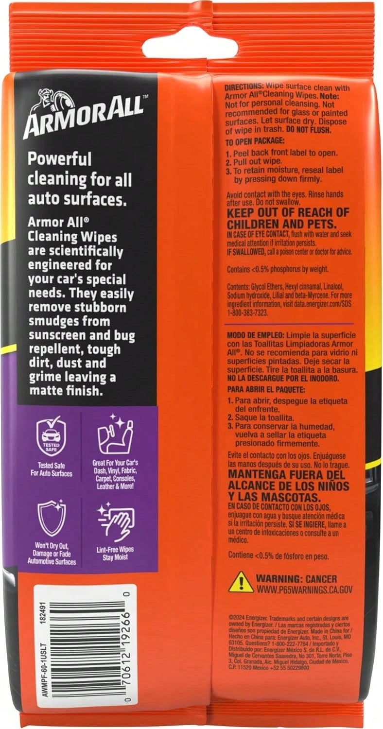 Armor All Car Interior Cleaner Wipes, Interior Cleaning Wipes For Cars, Trucks, Motorcycles, 60 Each