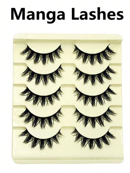Asiteo 5 Pairs Cartoon Style Natural Long Cosplay Makeup Criss-Cross Big Eyes Lashes Cat Eye False Eyelashes