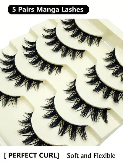 Asiteo 5 Pairs Cartoon Style Natural Long Cosplay Makeup Criss-Cross Big Eyes Lashes Cat Eye False Eyelashes