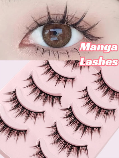 Asiteo 5 Pairs Manga Eyelashes Natural Soft Wispy Full Strip False Eyelashes Cross Reusable