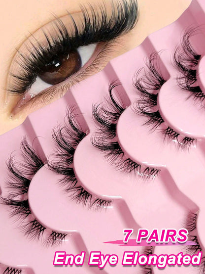 Asiteo 7 Pairs End Eye Elongated Lashes Cat/Fox Eye Faux Mink Eyelashes Clear Band False Eyelashes, Natural & Fluffy Crossed Lashes Suitable For Daily Life And Work