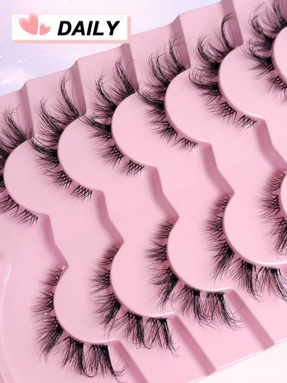 Asiteo 7 Pairs End Eye Elongated Lashes Cat/Fox Eye Faux Mink Eyelashes Clear Band False Eyelashes, Natural & Fluffy Crossed Lashes Suitable For Daily Life And Work