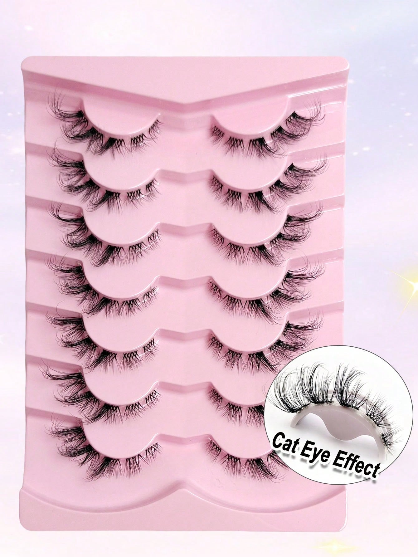 Asiteo 7 Pairs End Eye Elongated Lashes Cat/Fox Eye Faux Mink Eyelashes Clear Band False Eyelashes, Natural & Fluffy Crossed Lashes Suitable For Daily Life And Work