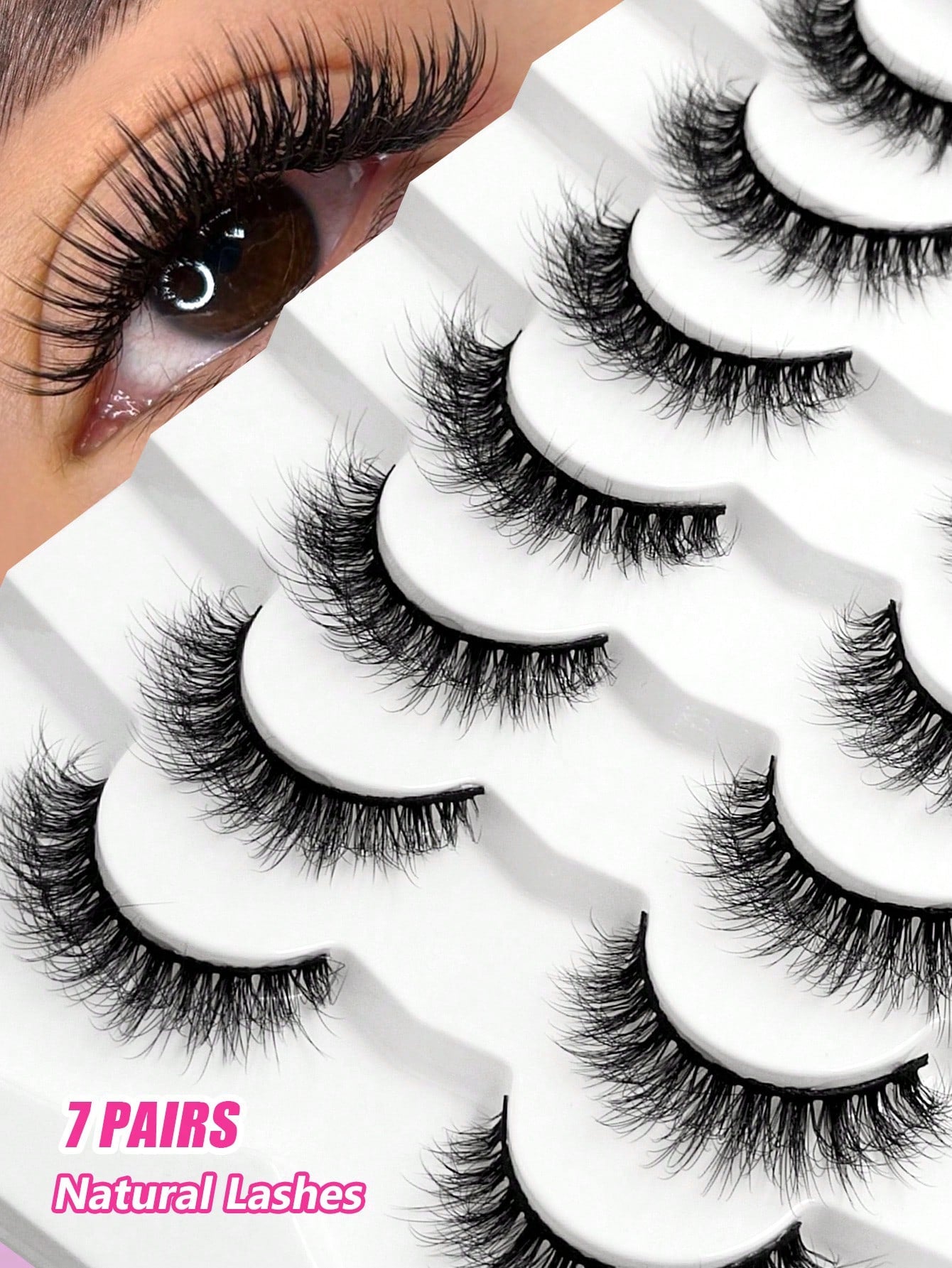 Asiteo 7 Pairs Natural Fiber Long False Eyelashes, Reusable Soft & Thick Curled Lengthening Fiber False Lashes, Strip Eyelashes
