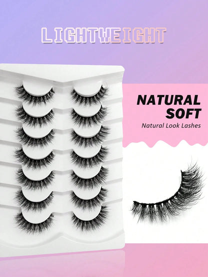 Asiteo 7 Pairs Natural Fiber Long False Eyelashes, Reusable Soft & Thick Curled Lengthening Fiber False Lashes, Strip Eyelashes