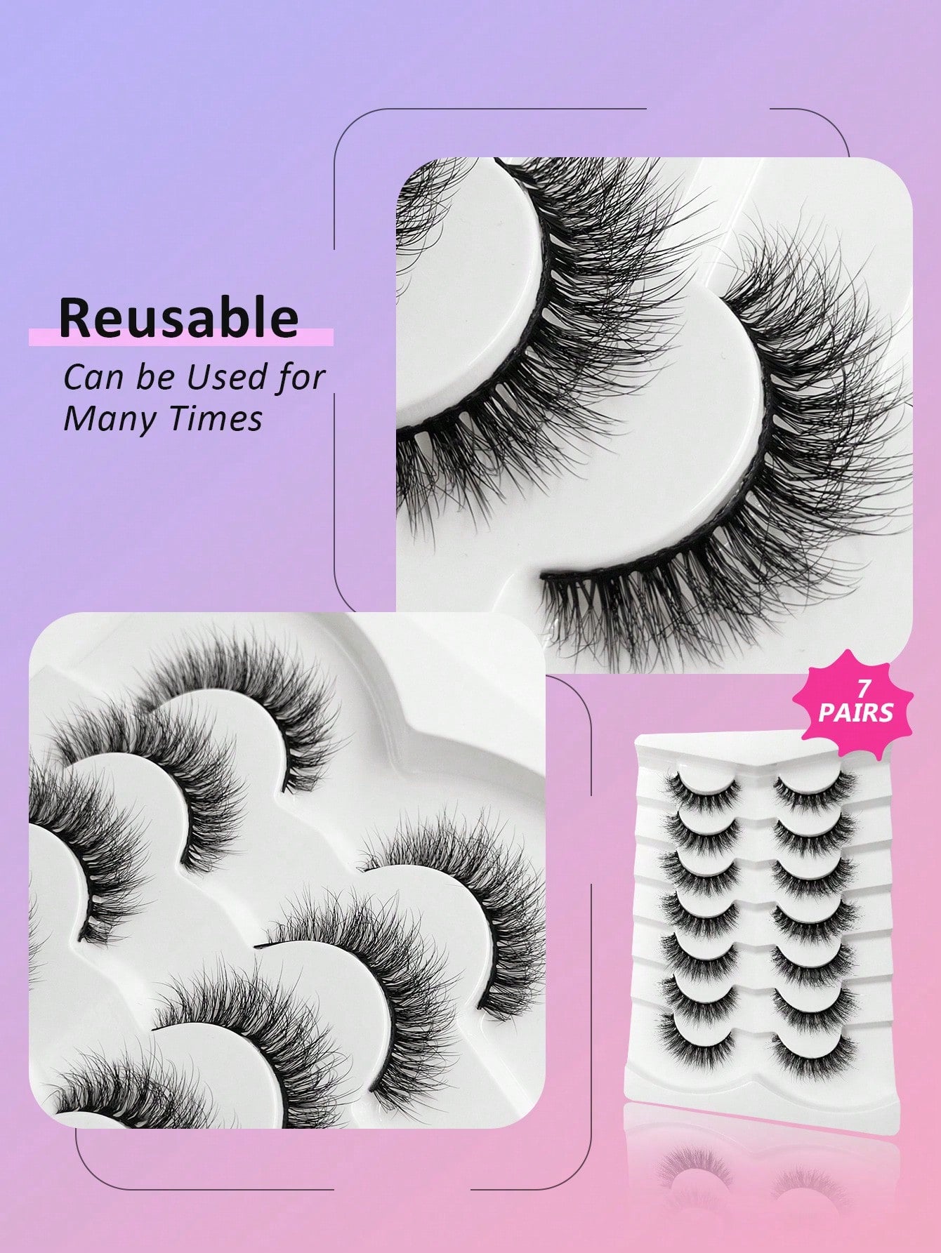 Asiteo 7 Pairs Natural Fiber Long False Eyelashes, Reusable Soft & Thick Curled Lengthening Fiber False Lashes, Strip Eyelashes