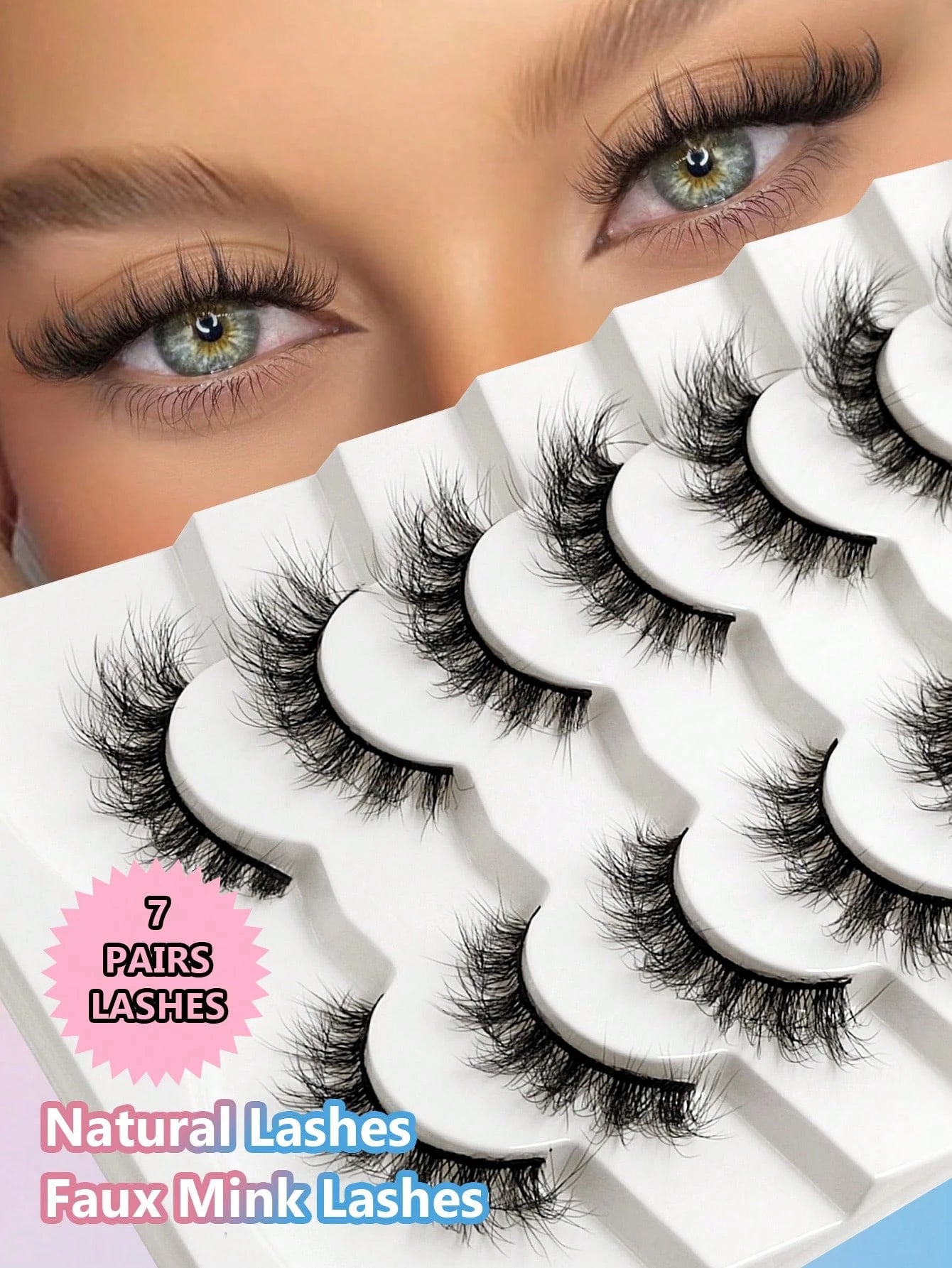Asiteo 7 Pairs Natural Fiber Long False Eyelashes, Reusable Soft & Thick Curled Lengthening Fiber False Lashes, Strip Eyelashes