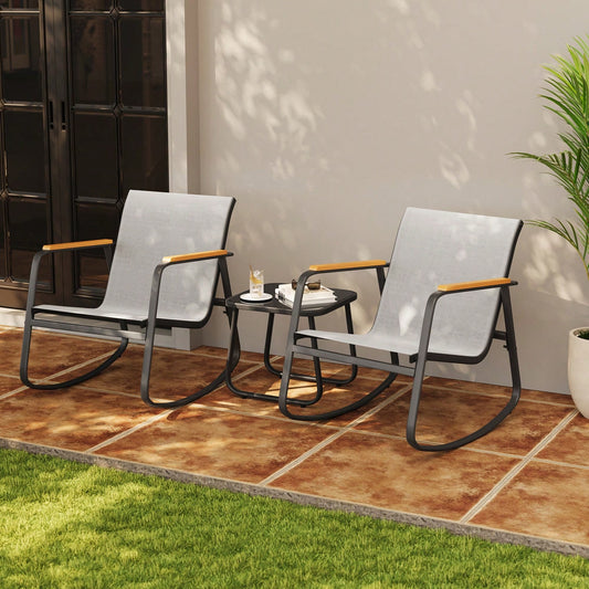 Asofer 3 Piece Rocking Bistro Set, Textilene Fabric Patio Furniture Set, Front Porch Rocker Chairs With Coffee Table For Lawn, Garden, Balcony, Poolside