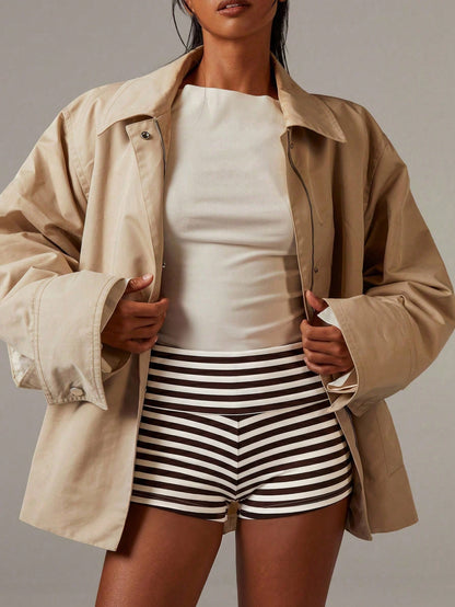 Athîral Women's Casual Sports Casual Brown Striped Folding Knitted Shorts, Women's Hot Pants, Y2K Casual Shorts, Soft And Comfortable Fabric Gym Summer