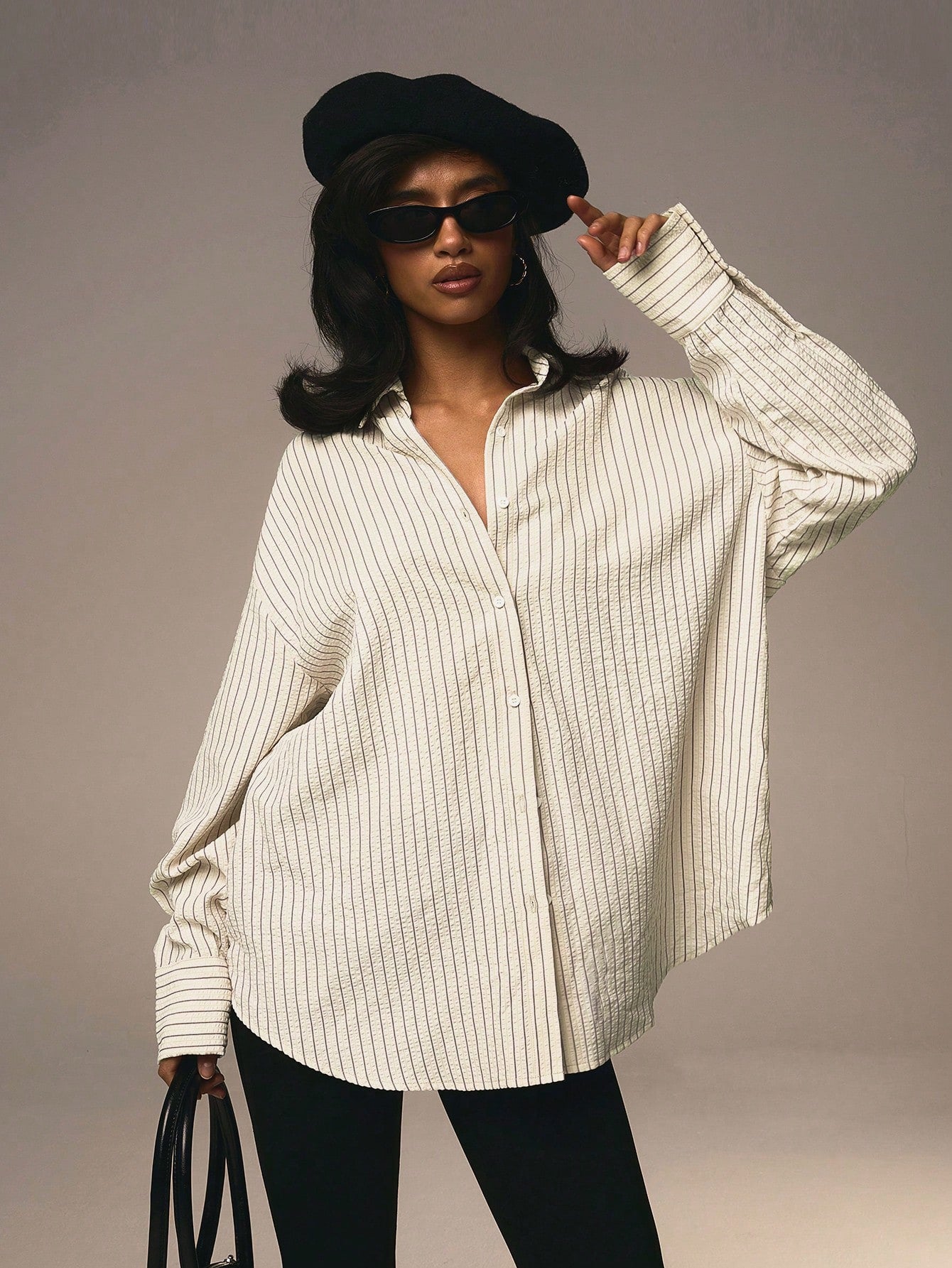 Athîral Women's Front Button Collar Long Sleeve Pink Striped Minimalist Blouse Valentine's Day