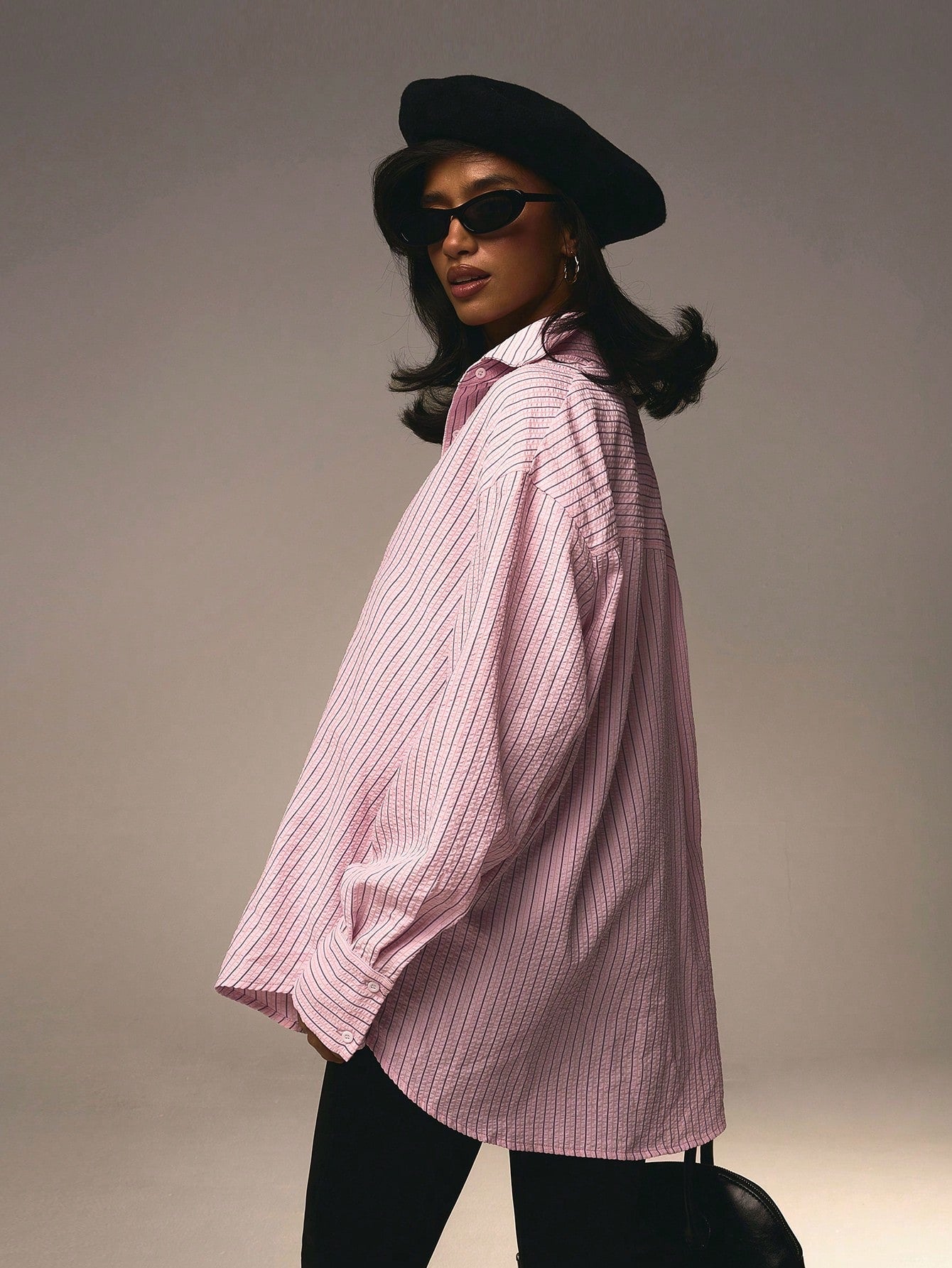 Athîral Women's Front Button Collar Long Sleeve Pink Striped Minimalist Blouse Valentine's Day