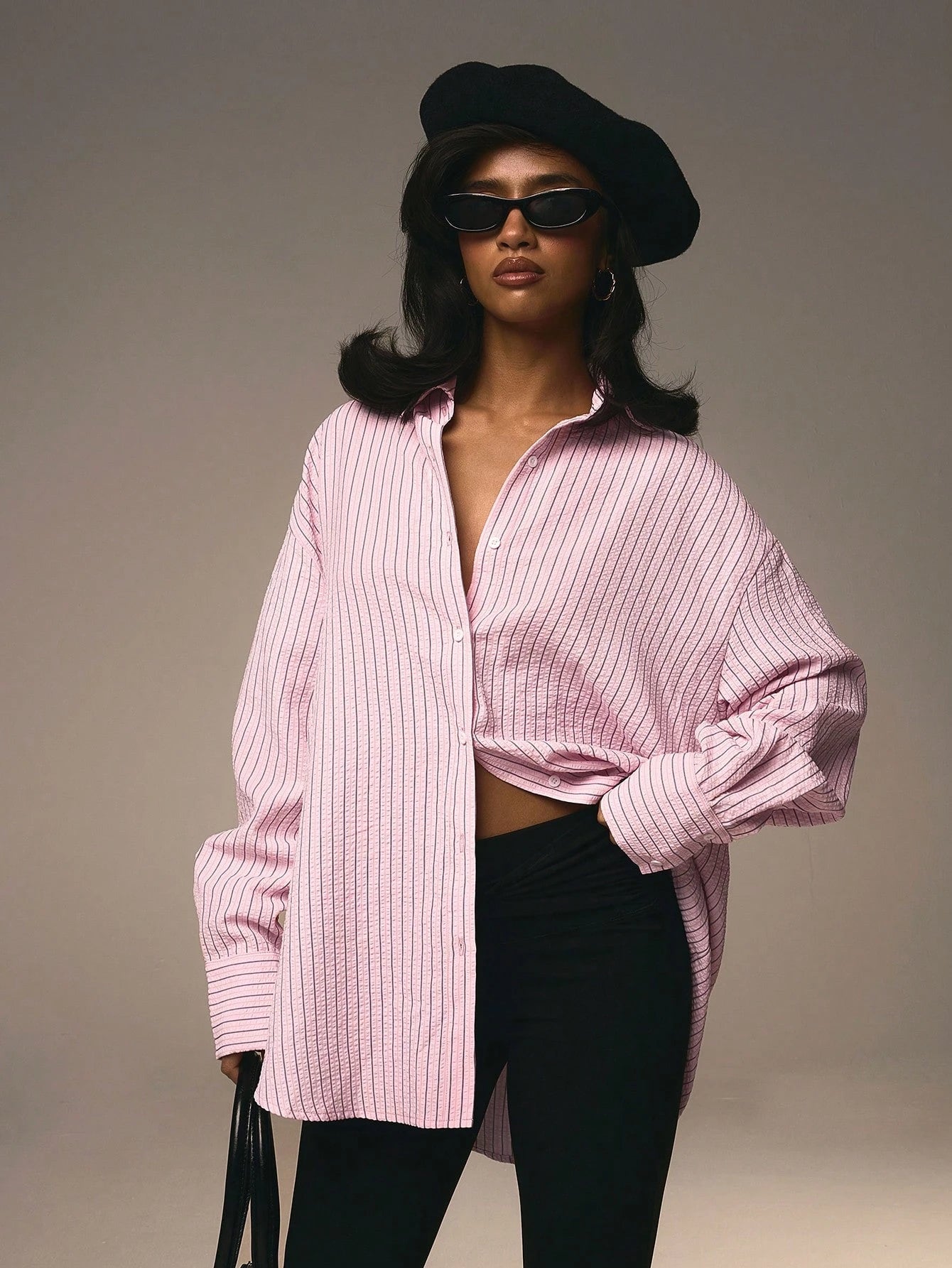 Athîral Women's Front Button Collar Long Sleeve Pink Striped Minimalist Blouse Valentine's Day