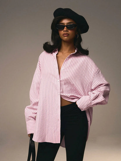 Athîral Women's Front Button Collar Long Sleeve Pink Striped Minimalist Blouse Valentine's Day