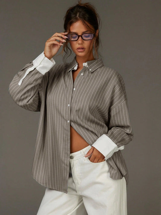 Athîral Women's Front Button Drop Shoulder Long Sleeve Casual Contrast Striped Shirt