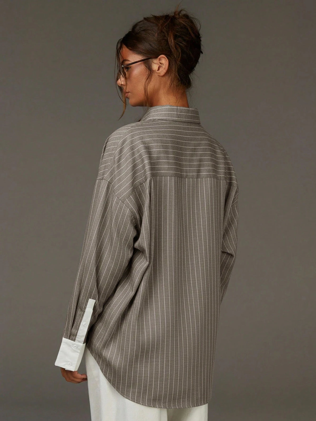 Athîral Women's Front Button Drop Shoulder Long Sleeve Casual Contrast Striped Shirt