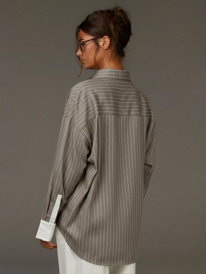 Athîral Women's Front Button Drop Shoulder Long Sleeve Casual Contrast Striped Shirt