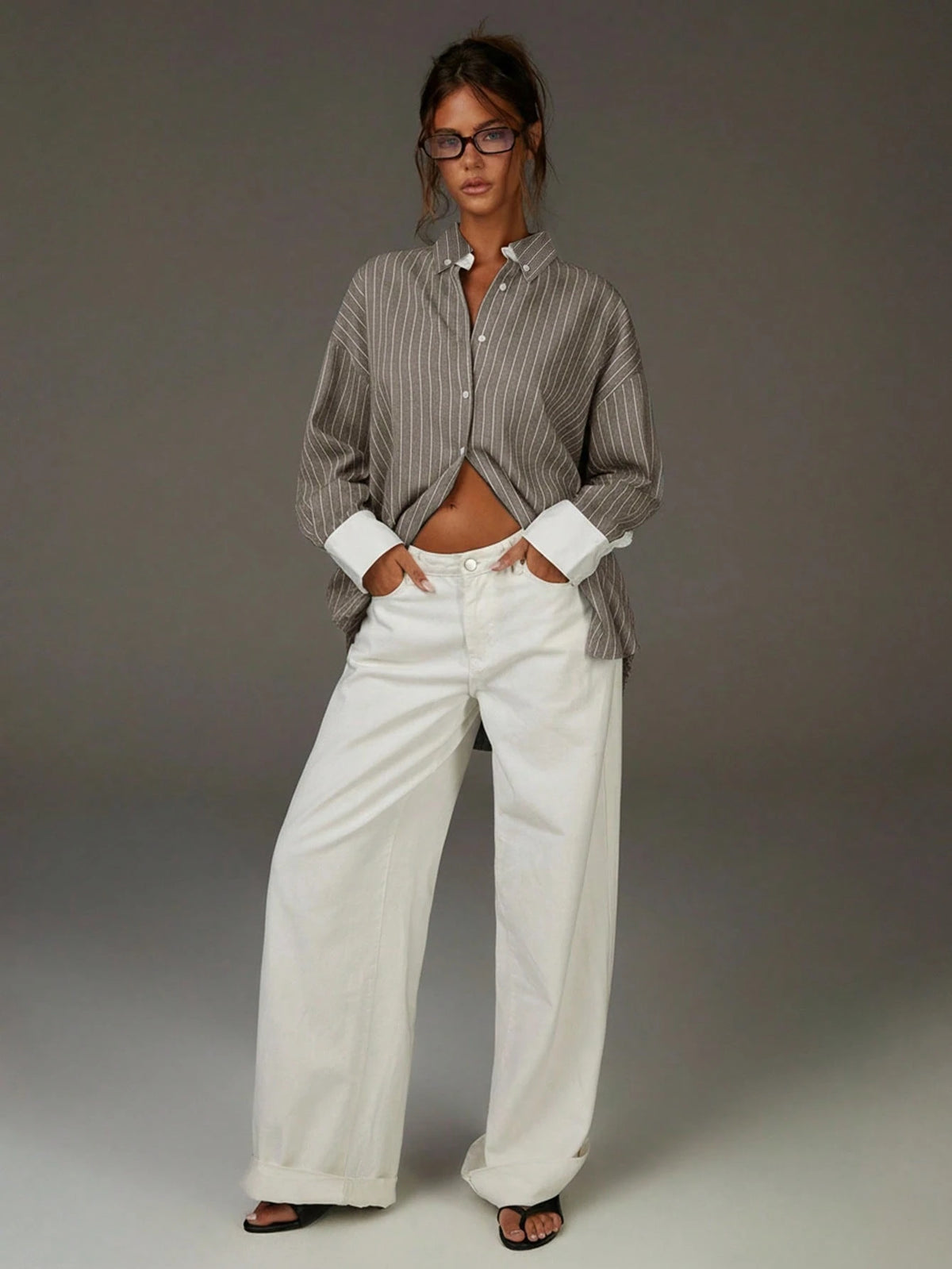 Athîral Women's Front Button Drop Shoulder Long Sleeve Casual Contrast Striped Shirt