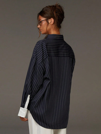 Athîral Women's Front Button Drop Shoulder Long Sleeve Casual Contrast Striped Shirt