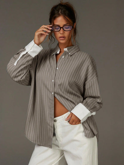 Athîral Women's Front Button Drop Shoulder Long Sleeve Casual Contrast Striped Shirt
