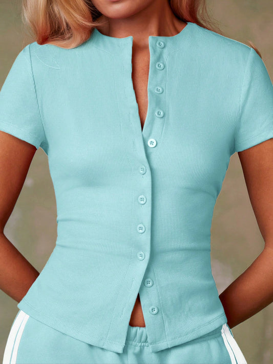 Athîral Women's Teal Short Sleeve Single-Breasted Casual Top,Daily Wear,Light Blue Top,Going Out Top,Basic Tops,Back To School,Holiday Outfits,Office
