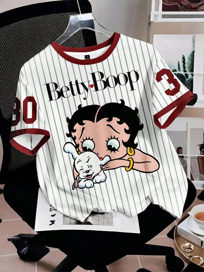 Attitoon Betty Boop x Casual Minimalist Round Neck Short Sleeve Betty Collaboration Striped World Cup Graphic English Letter Loose T-Shirt For Women, Chic, Y2K